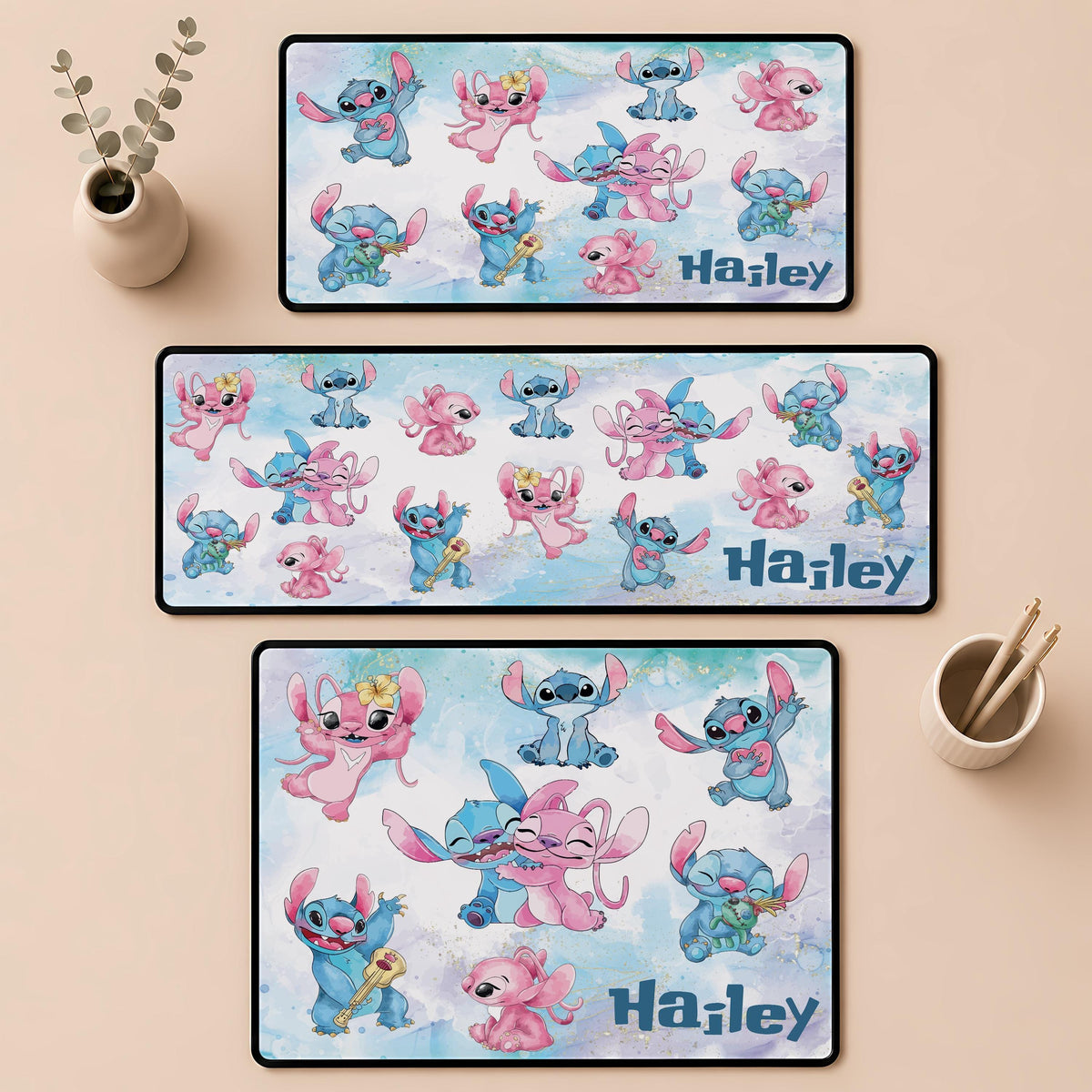 Custom Name Cute Pink and Blue Monster Desk Mat, Kids Room Mouse Pad