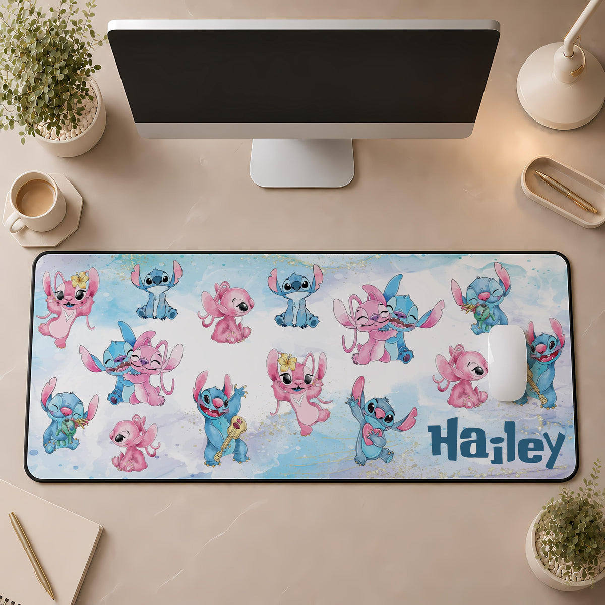 Custom Name Cute Pink and Blue Monster Desk Mat, Kids Room Mouse Pad