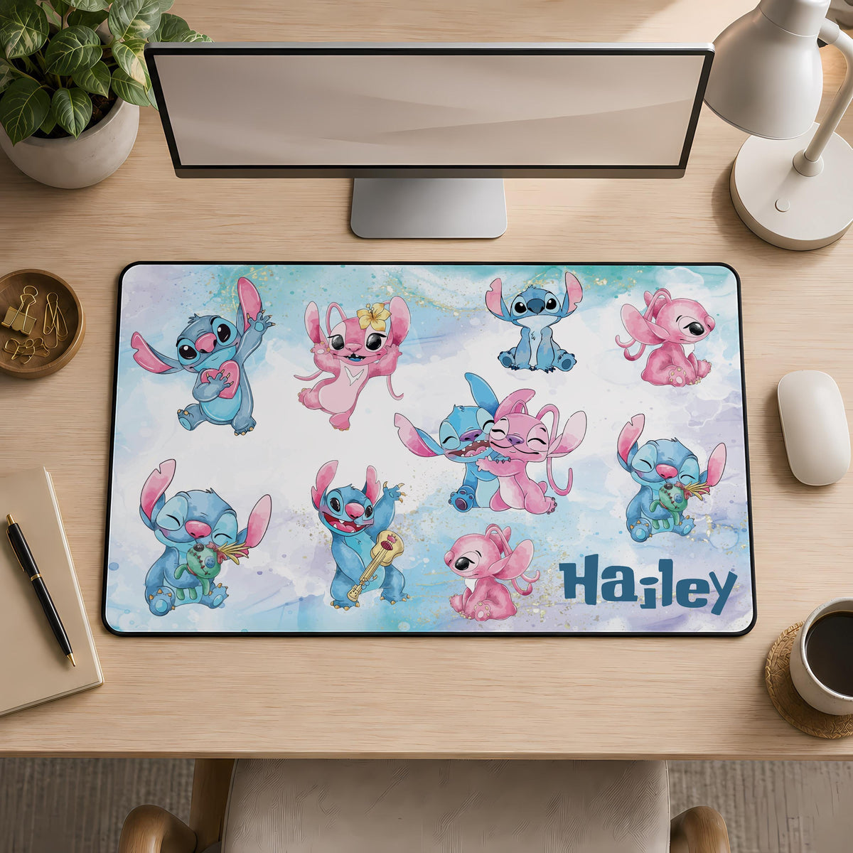 Custom Name Cute Pink and Blue Monster Desk Mat, Kids Room Mouse Pad