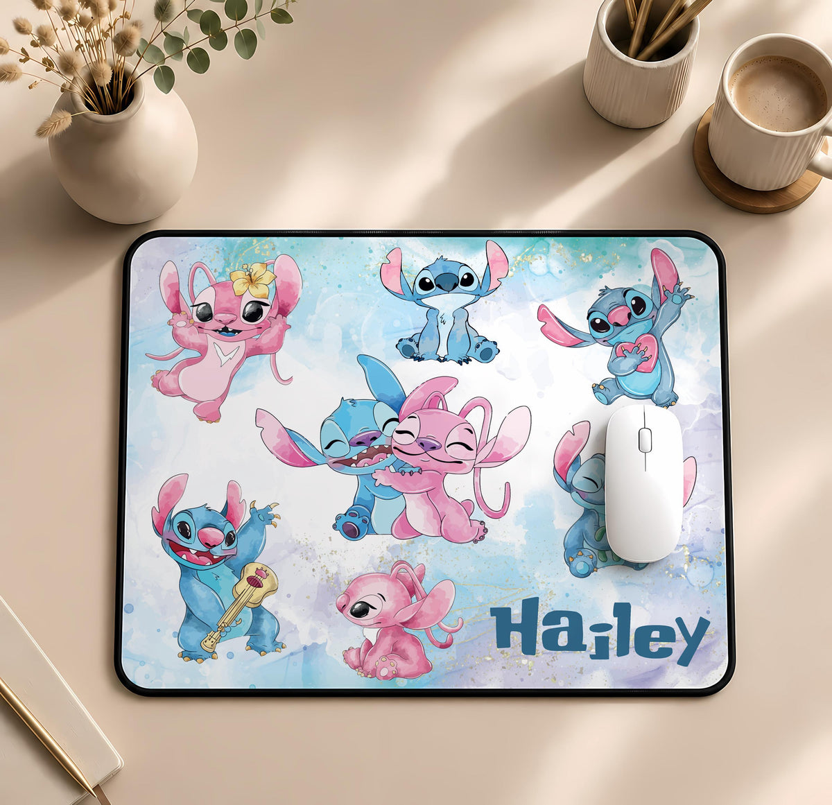 Custom Name Cute Pink and Blue Monster Desk Mat, Kids Room Mouse Pad
