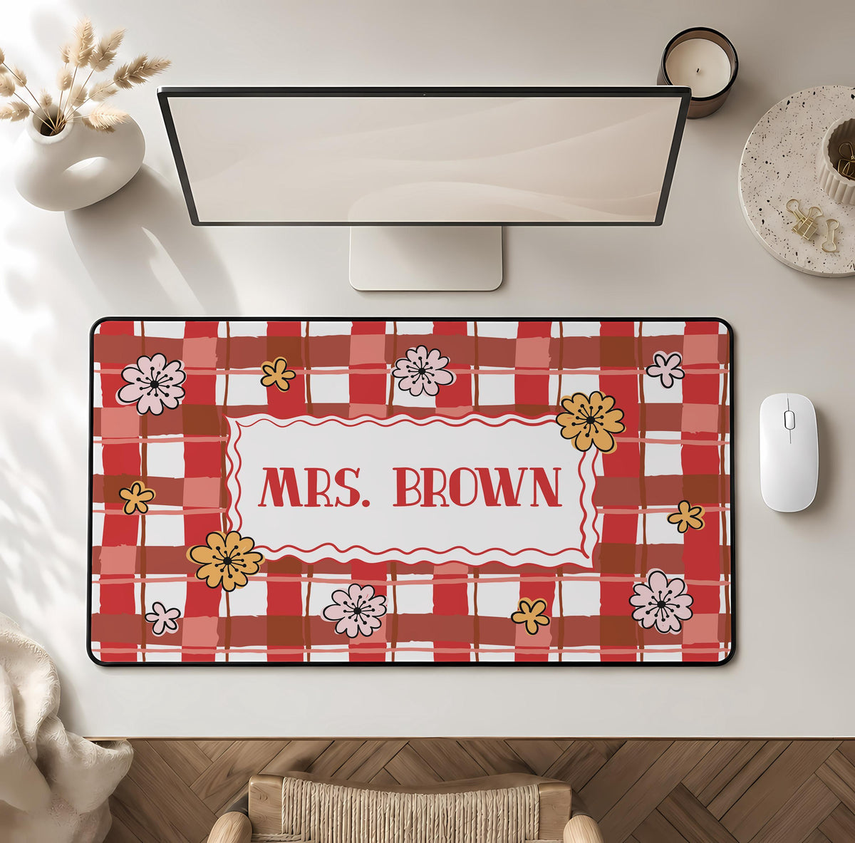 Personalized Teacher Desk Mat, Floral Gingham Workspace Accessory, Preppy Office Decor