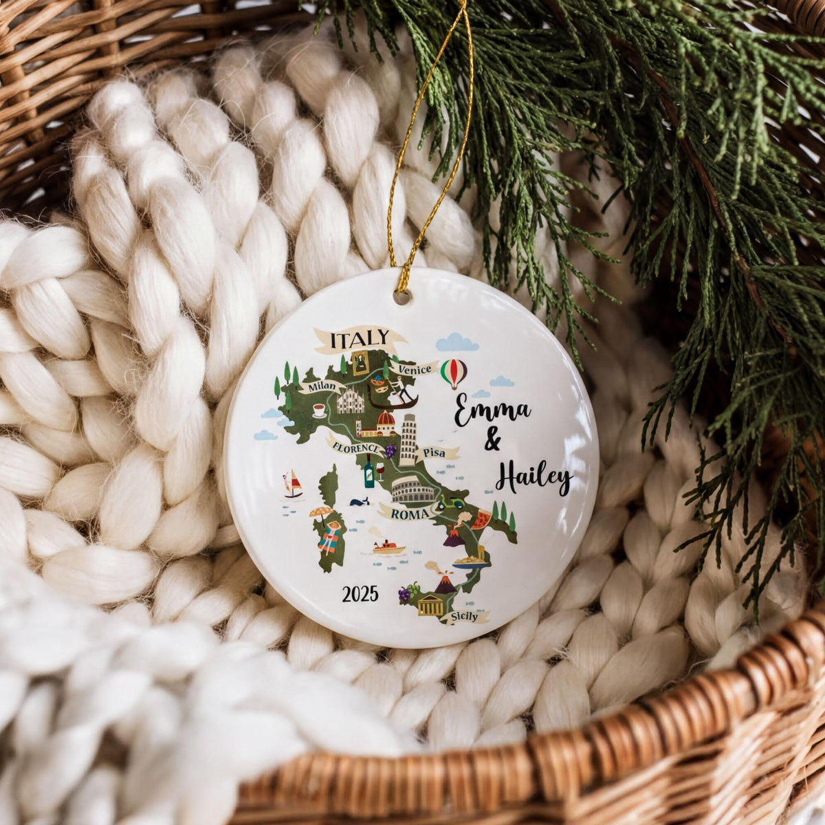 Custom Name Italy Map Ornament, Europe Travel Ceramic Souvenir, Couple Honeymoon Trip Keepsake