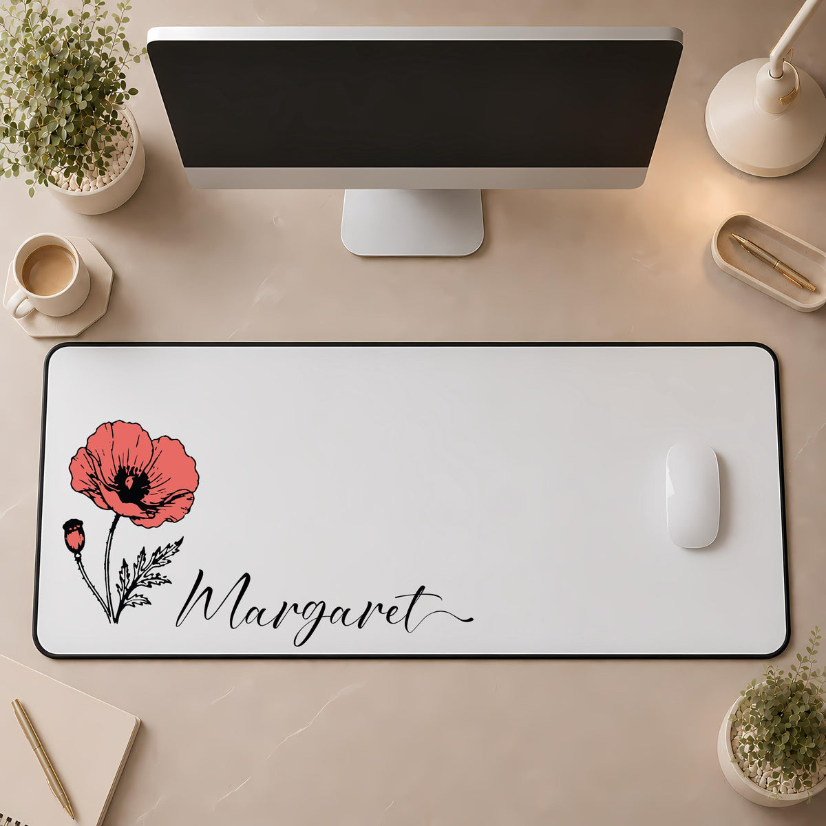 Custom Name & Birth Month Flower Desk Mat, Minimalist Floral Mousepad, Elegant Coworker Gift