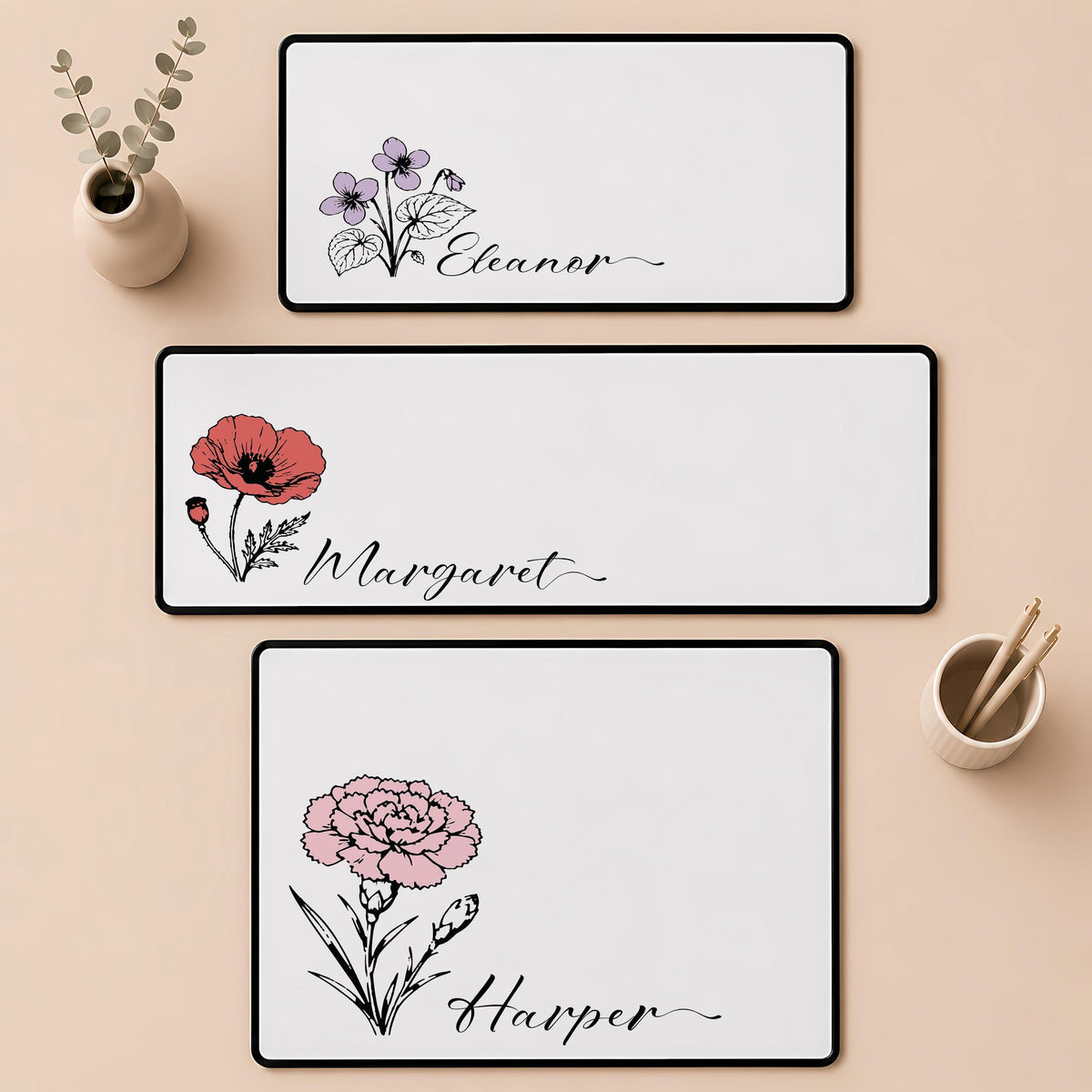 Custom Name & Birth Month Flower Desk Mat, Minimalist Floral Mousepad, Elegant Coworker Gift