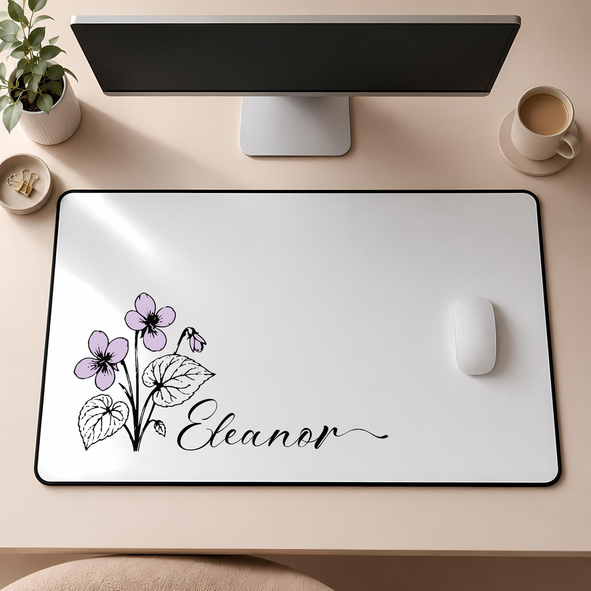 Custom Name & Birth Month Flower Desk Mat, Minimalist Floral Mousepad, Elegant Coworker Gift