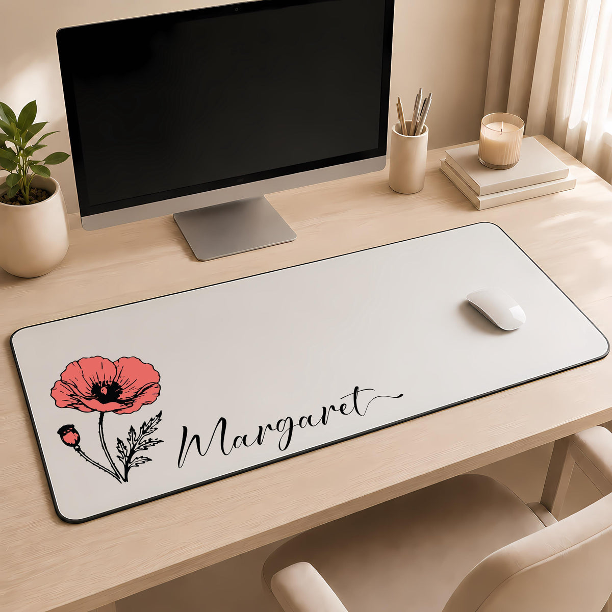 Custom Name & Birth Month Flower Desk Mat, Minimalist Floral Mousepad, Elegant Coworker Gift