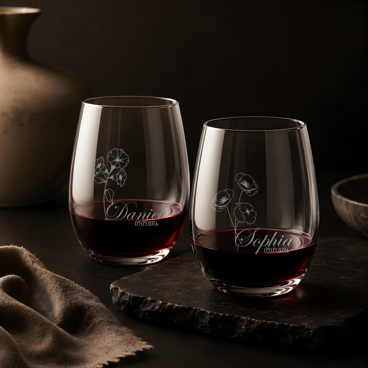 Personalized Stemless Wine Glass, Engraved Birth Flower Wedding Gift