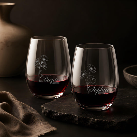 Personalized Stemless Wine Glass, Engraved Birth Flower Wedding Gift