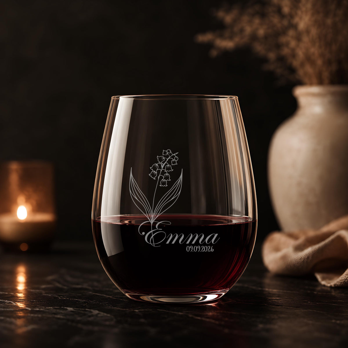 Personalized Stemless Wine Glass, Engraved Birth Flower Wedding Gift