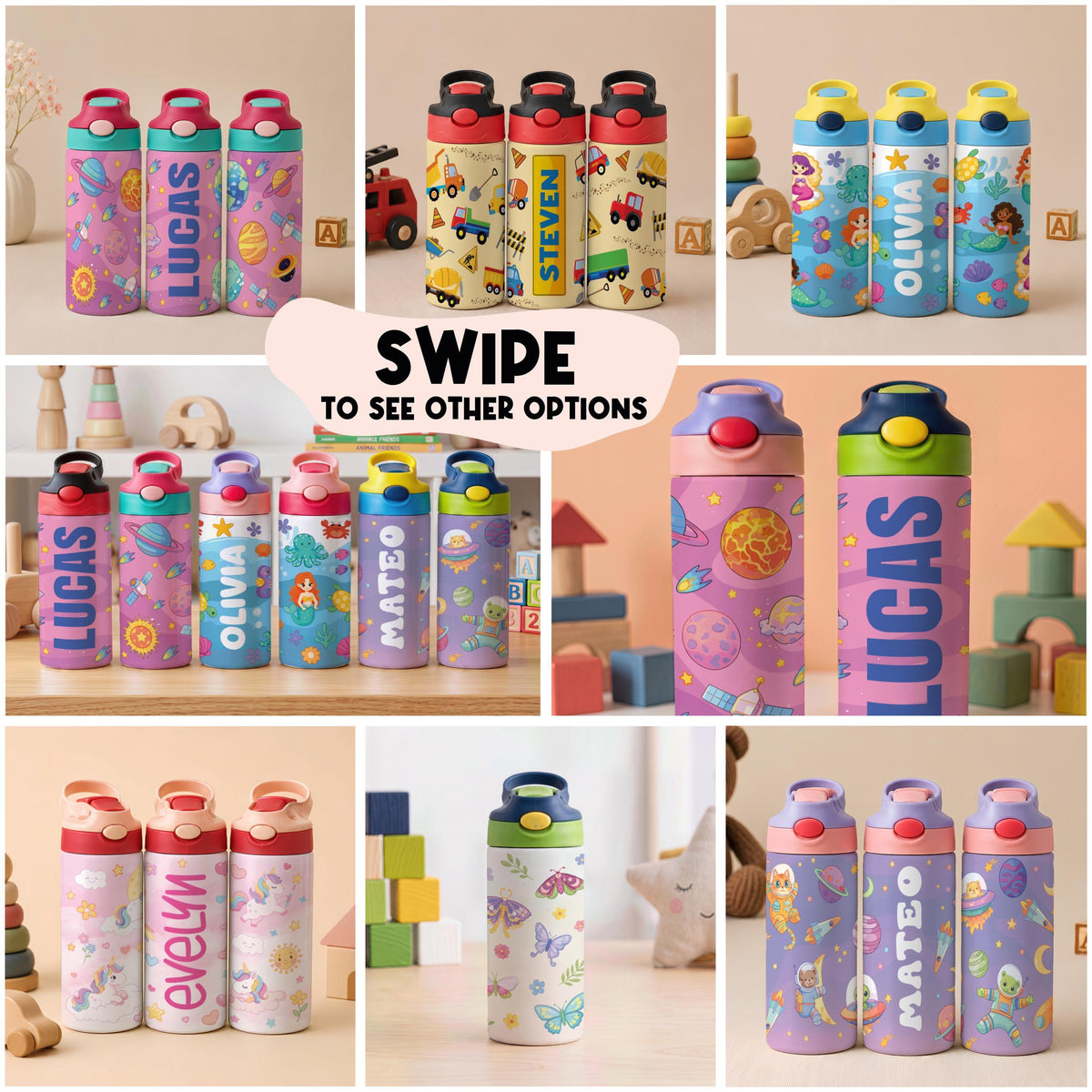 Custom Cute Design Optional Insulated Water Flask Bottle, Personalized Name Kids School Tumbler