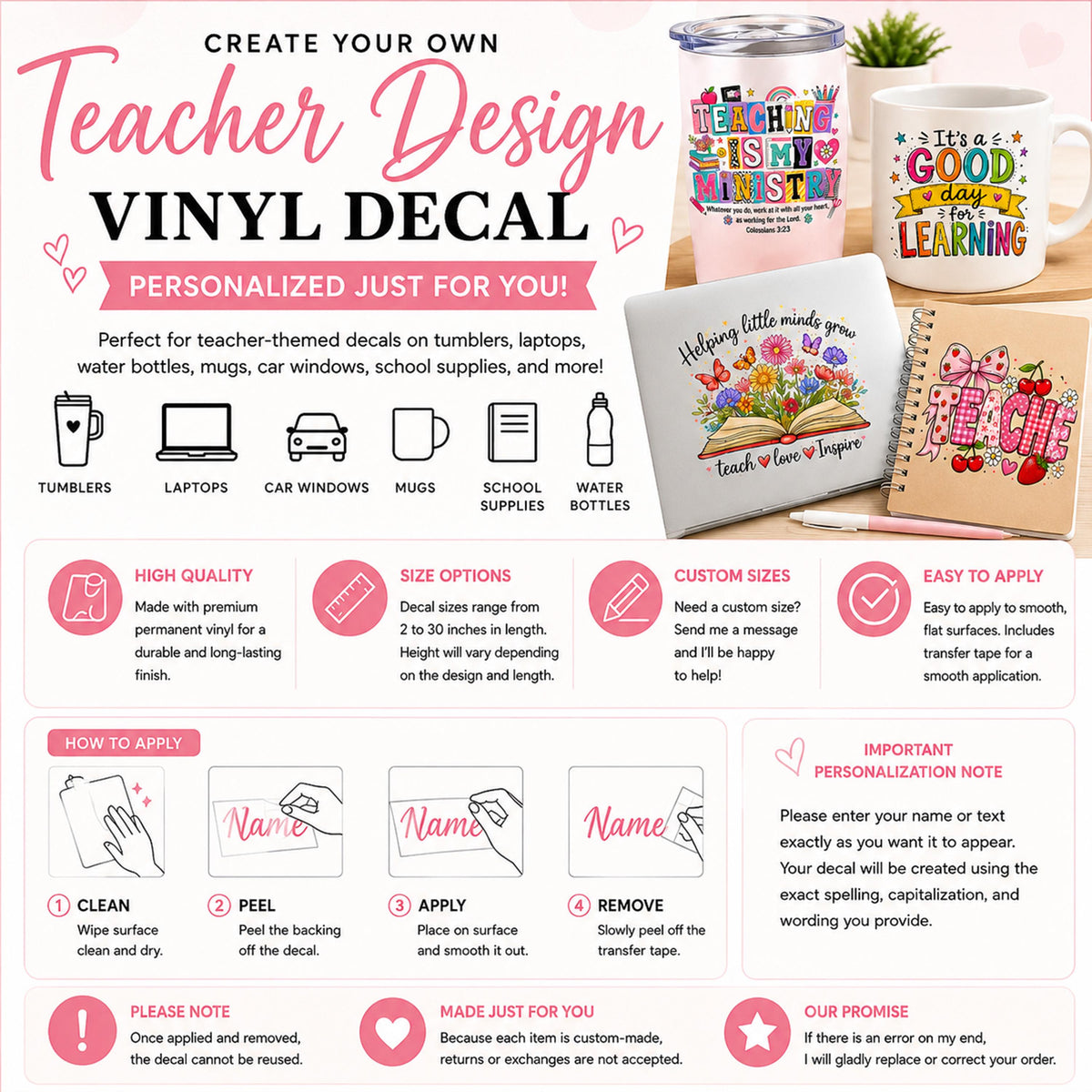 Personalized Teacher Vinyl Decal, Custom Laptop Sticker, Tumbler Water Bottle Graphic
