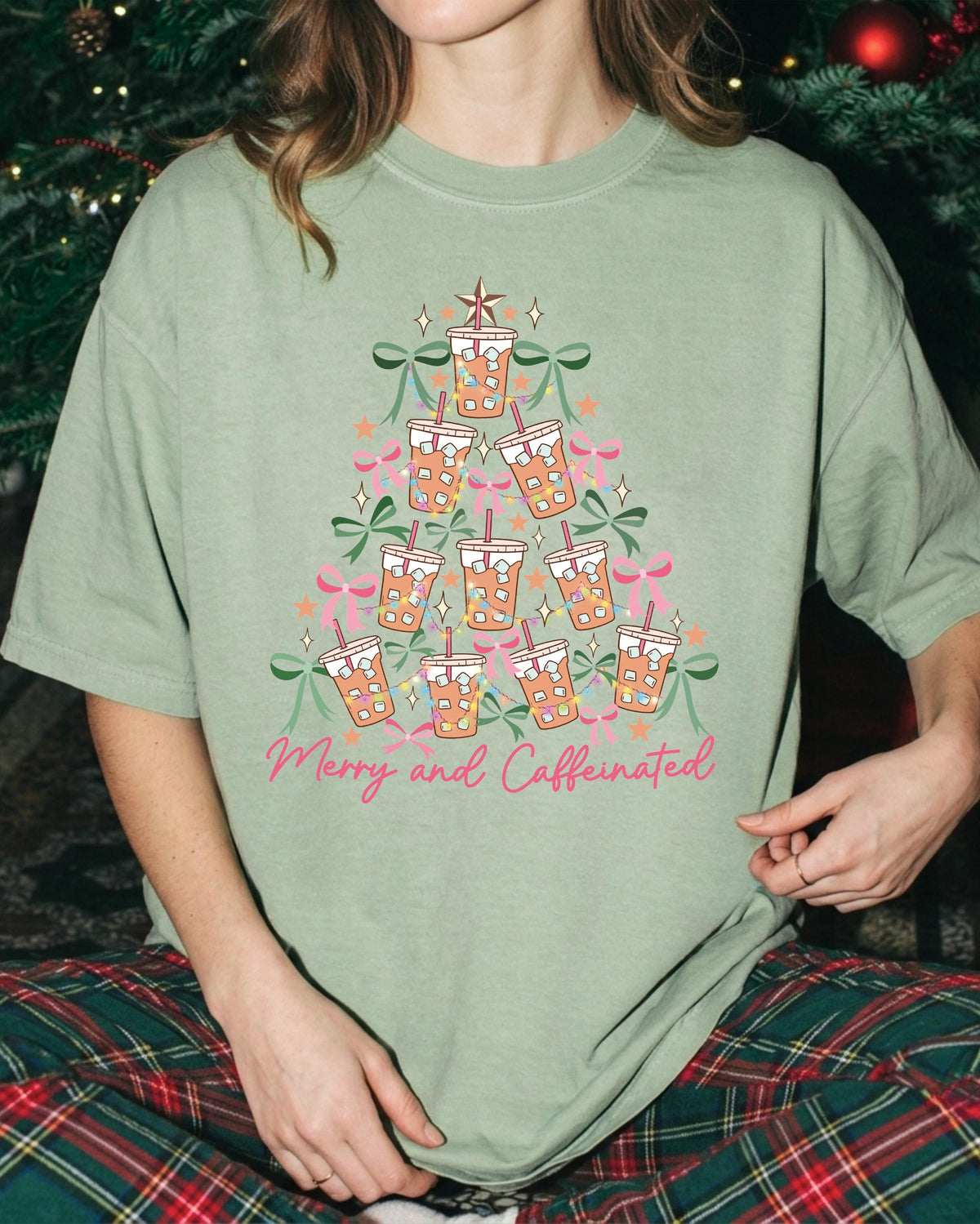 Merry and Caffeinated Comfort Colors® Shirt, Xmas Coffee Tree Tee, Coffee Lover Holiday Gift