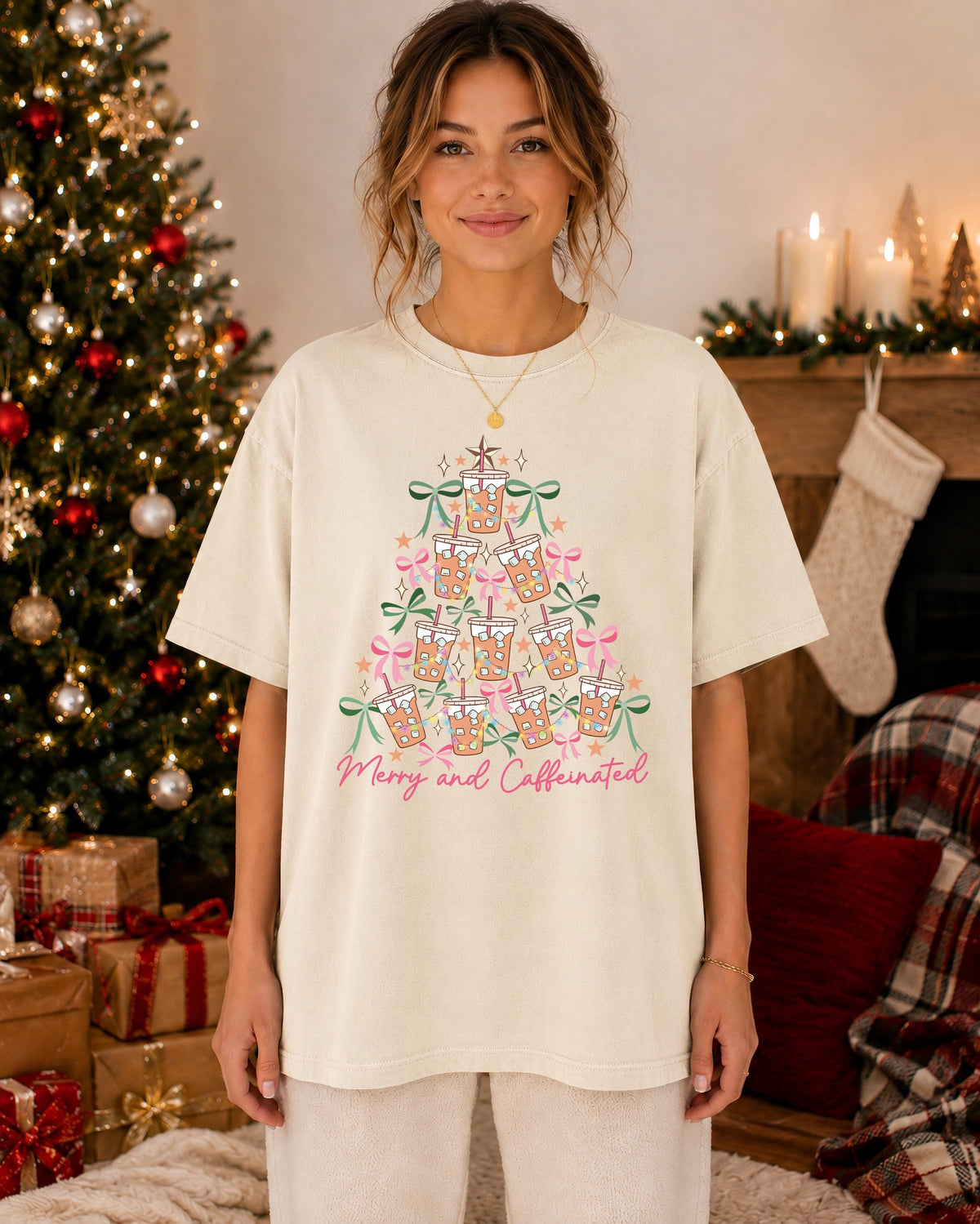 Merry and Caffeinated Comfort Colors® Shirt, Xmas Coffee Tree Tee, Coffee Lover Holiday Gift