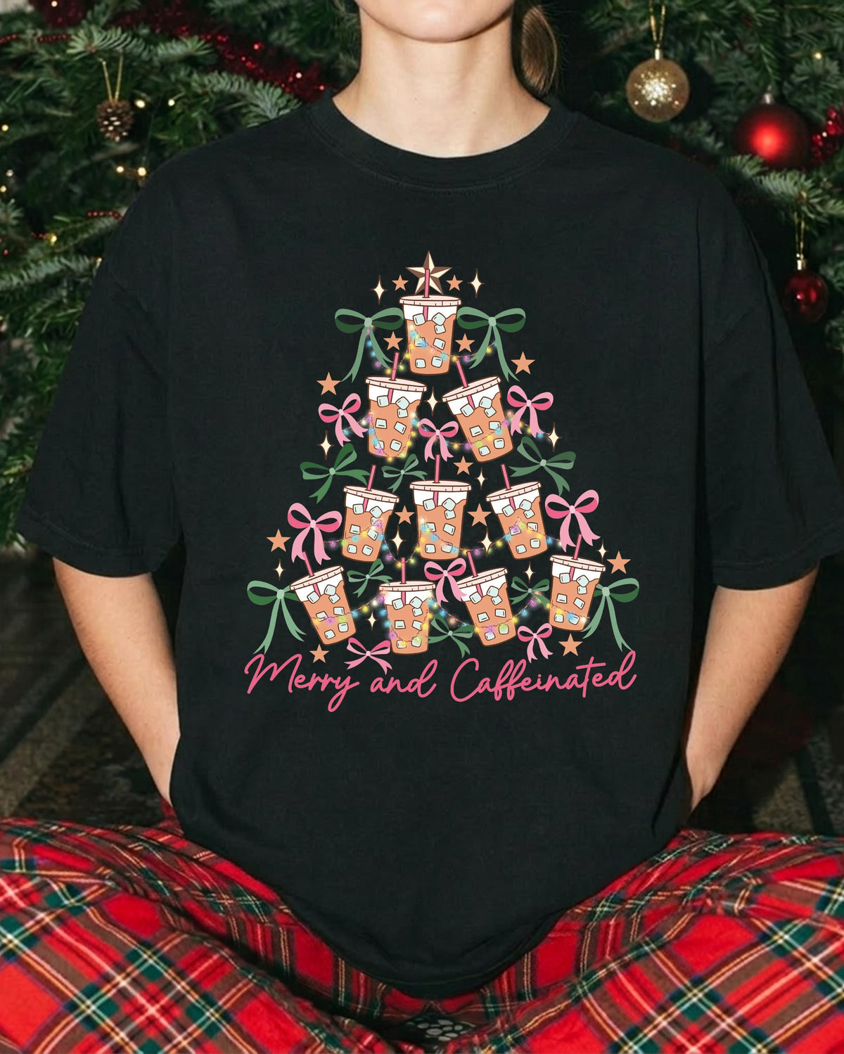 Merry and Caffeinated Comfort Colors® Shirt, Xmas Coffee Tree Tee, Coffee Lover Holiday Gift
