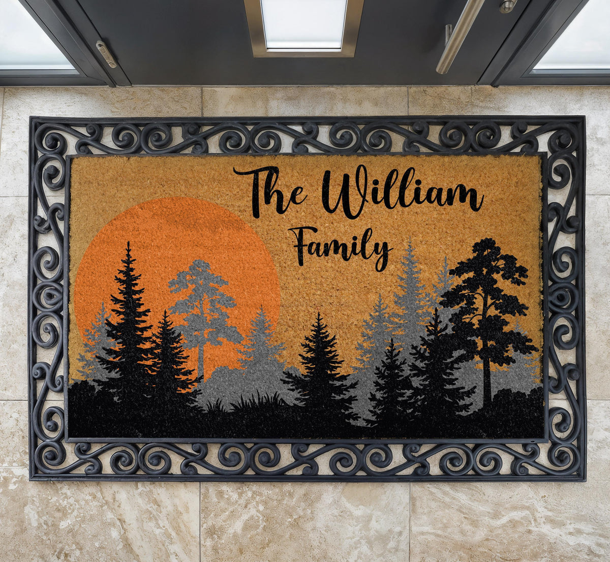 Personalized Sunset Forest Doormat, Pine Tree Cabin Welcome Mat