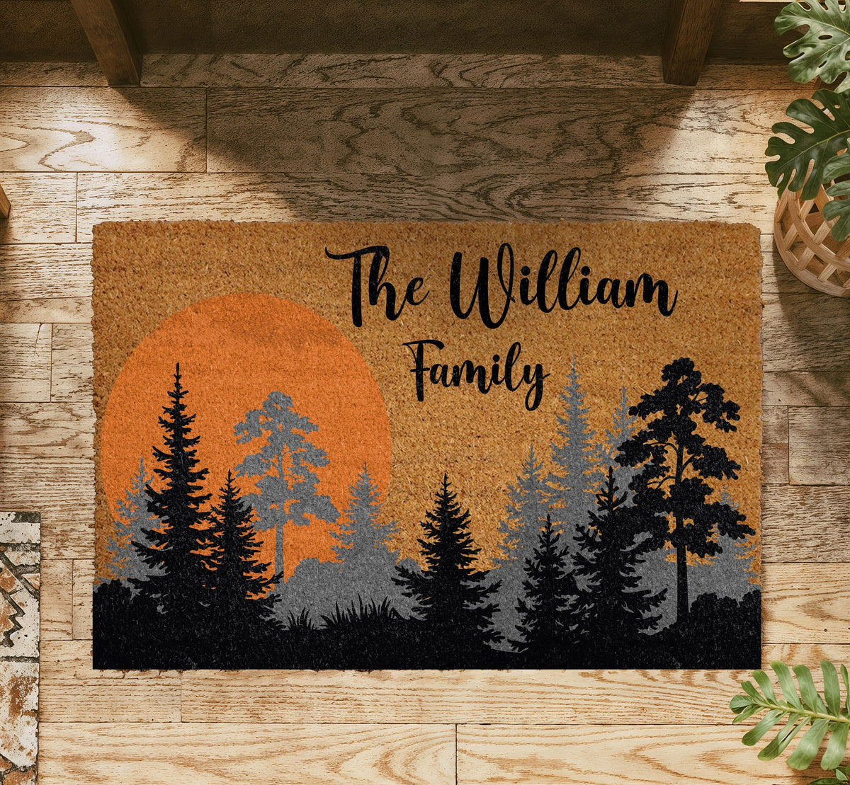 Personalized Sunset Forest Doormat, Pine Tree Cabin Welcome Mat
