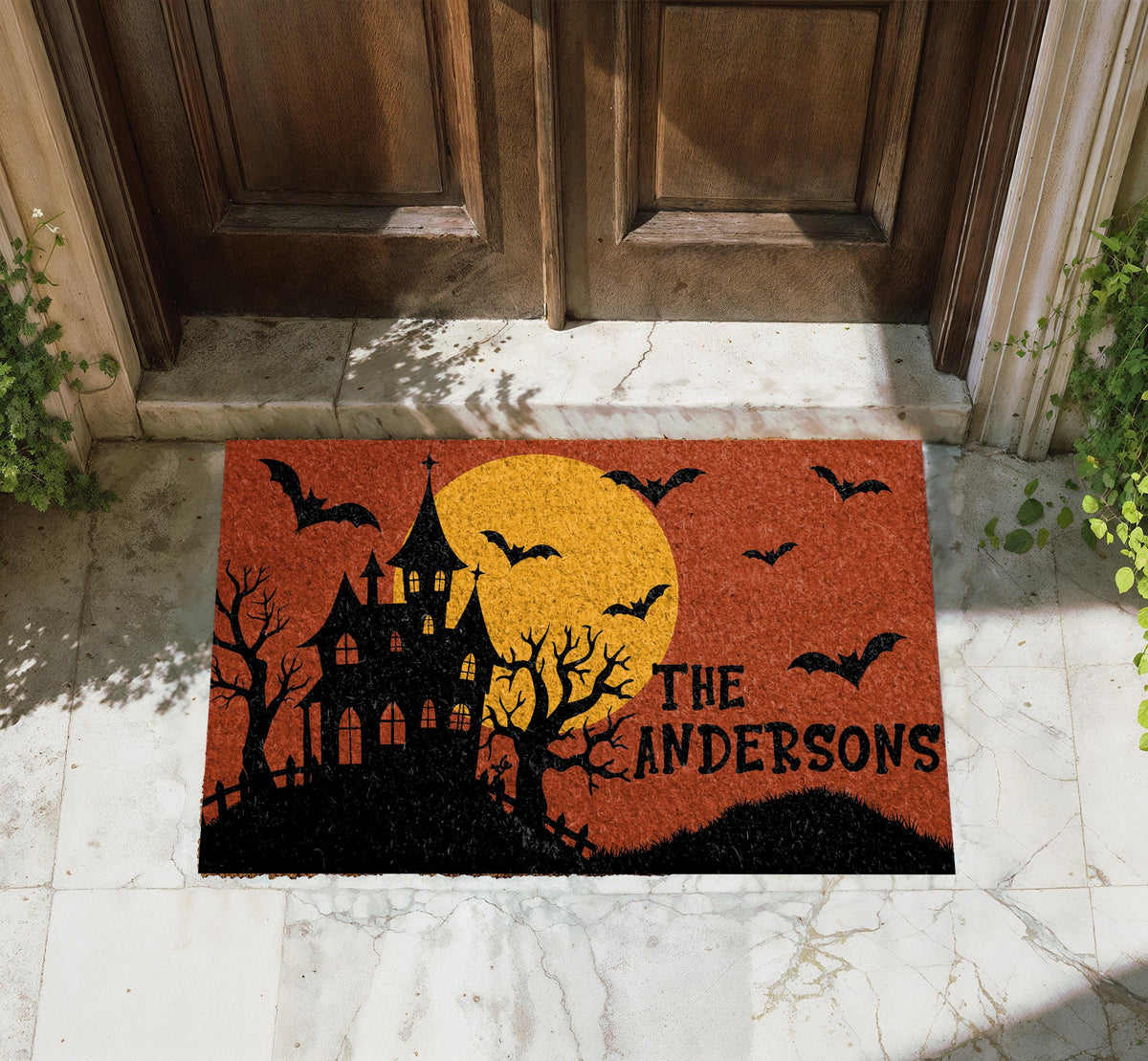 Personalized Haunted House Halloween Doormat, Spooky Family Name Welcome Mat