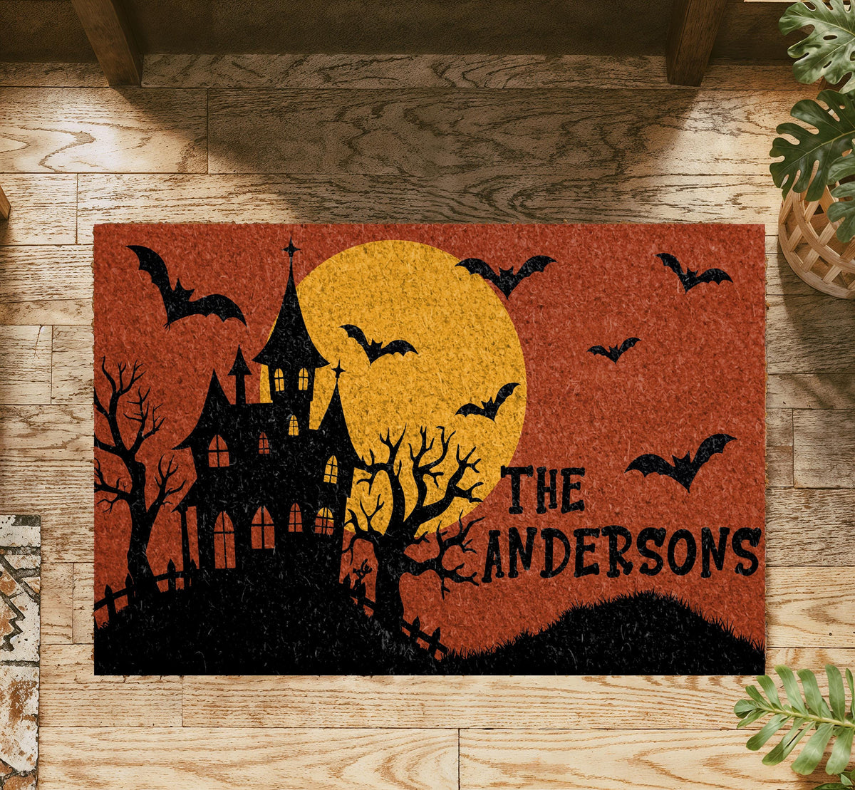 Personalized Haunted House Halloween Doormat, Spooky Family Name Welcome Mat