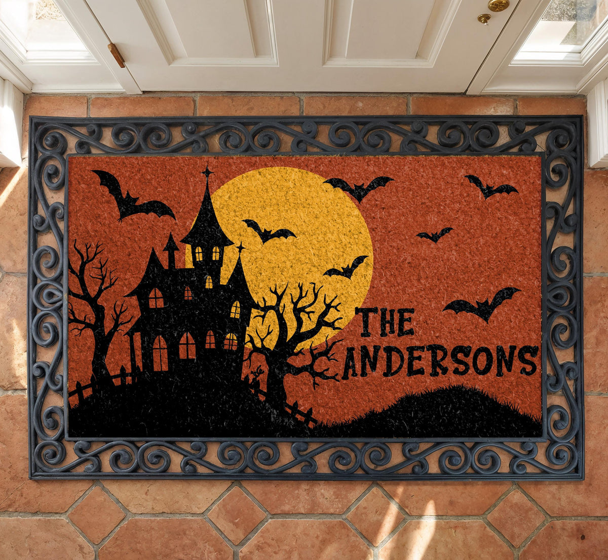 Personalized Haunted House Halloween Doormat, Spooky Family Name Welcome Mat