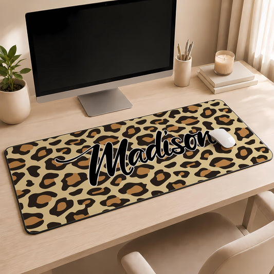 Personalized Leopard Cow Zebra Giraffe Print Desk Mat, Cute Safari Office Accessory