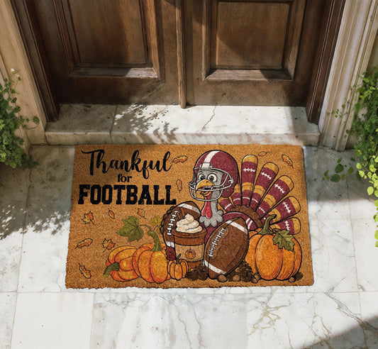Thankful for Football Doormat, Footballer Turkey Thanksgiving Welcome Mat