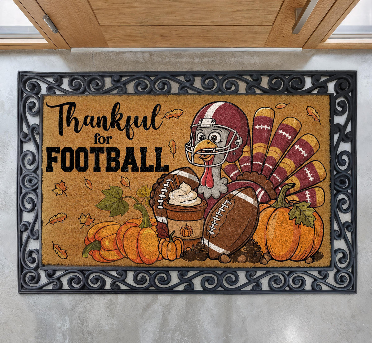 Thankful for Football Doormat, Footballer Turkey Thanksgiving Welcome Mat