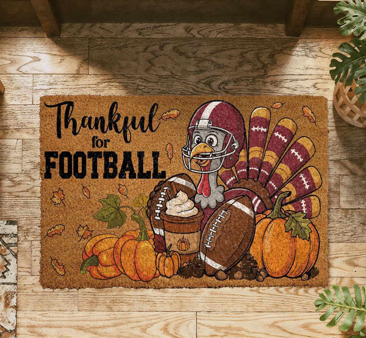 Thankful for Football Doormat, Footballer Turkey Thanksgiving Welcome Mat
