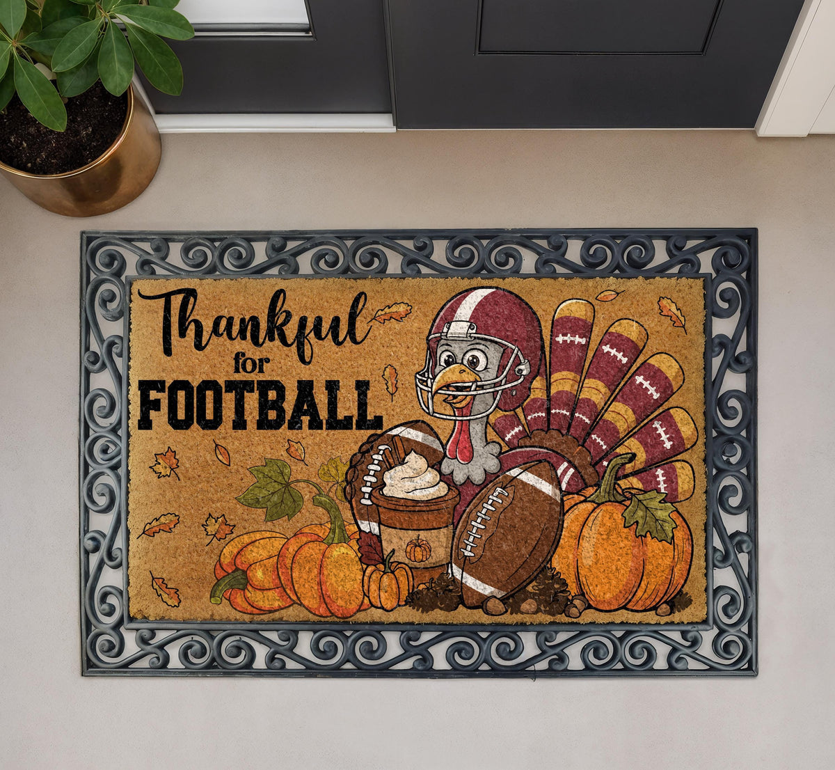 Thankful for Football Doormat, Footballer Turkey Thanksgiving Welcome Mat