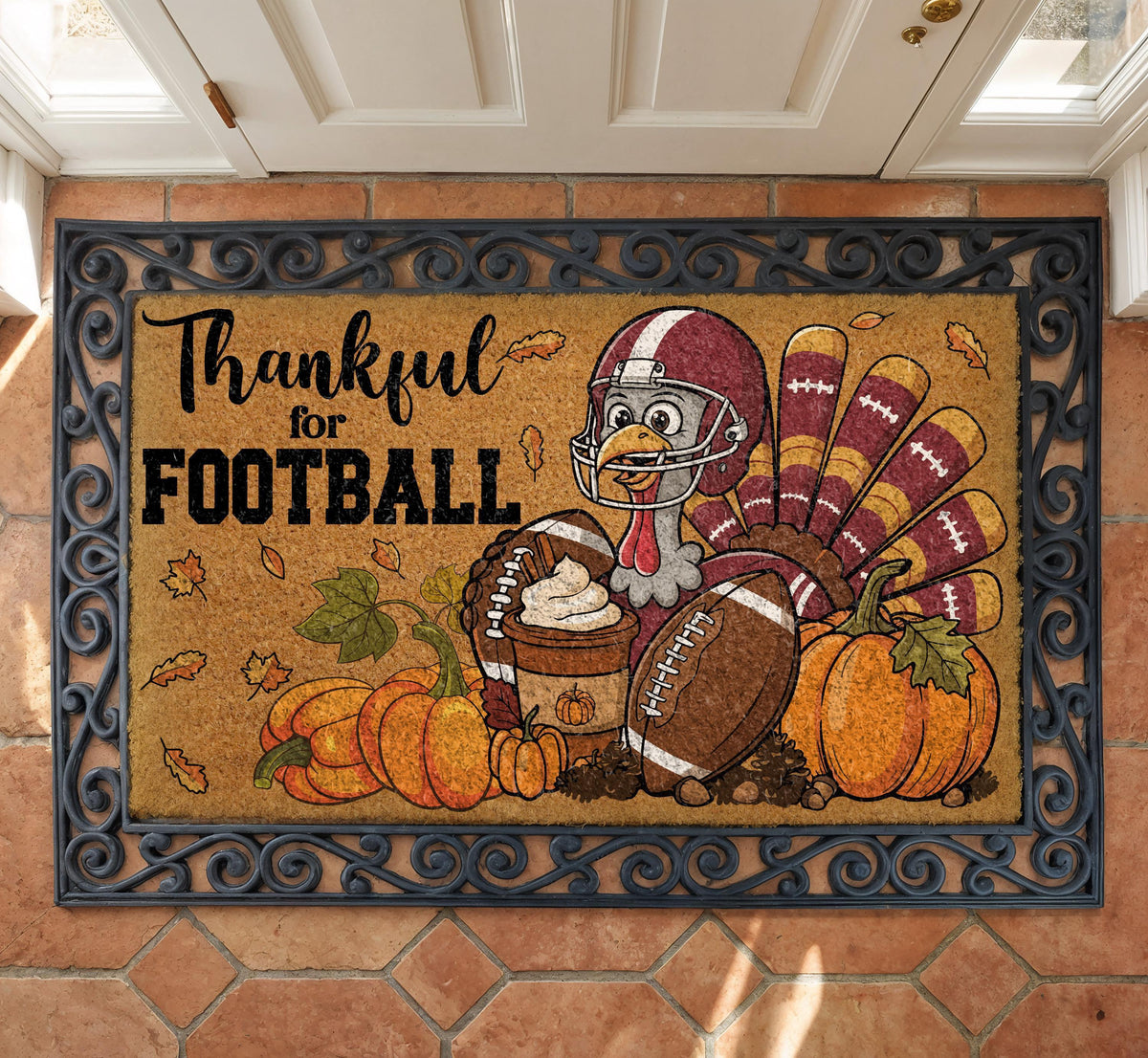 Thankful for Football Doormat, Footballer Turkey Thanksgiving Welcome Mat