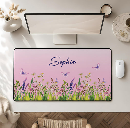 Personalized Floral Desk Mat, Wildflowers & Butterfly Custom Name Mouse Pad, Cute Office Decor