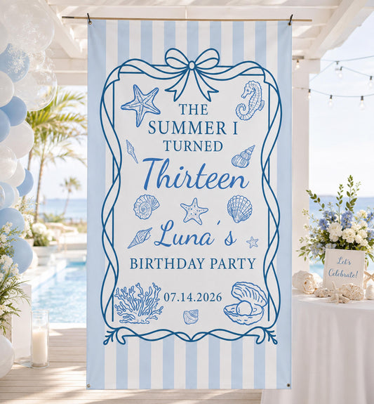 Personalized Beach Birthday Banner, Summer Party Backdrop, Nautical Theme Sign
