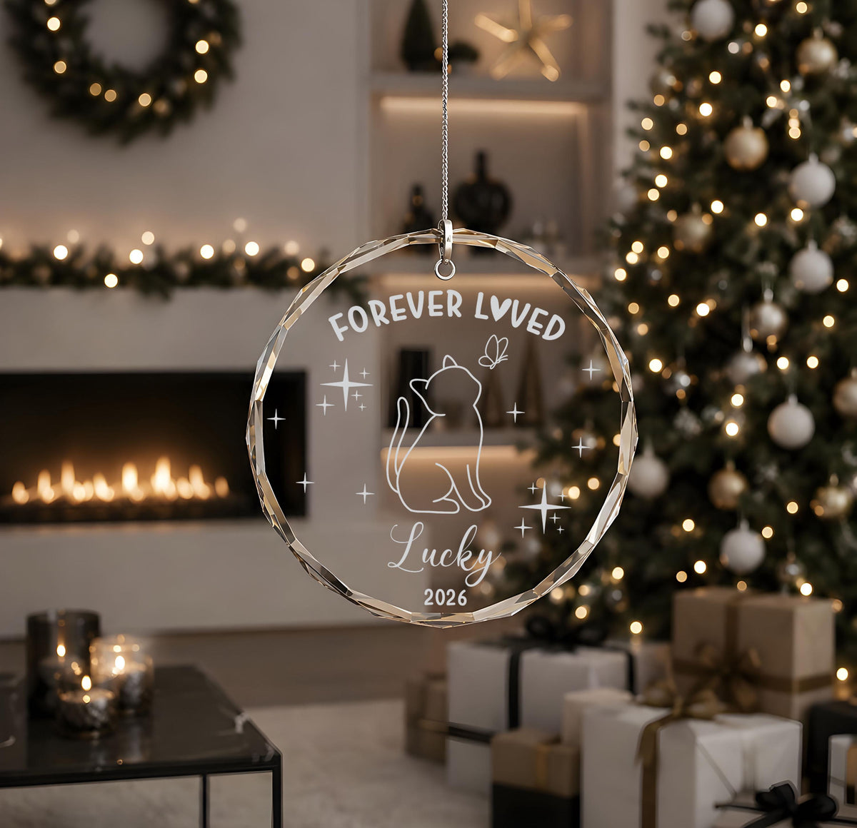 Custom Name Forever Loved Engraved Ornament, Personalized Pet Remembrance Glass Keepsake