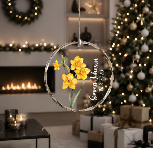Personalized Birth Flower Round Ornament, Custom Name & Date Floral Memorial Keepsake