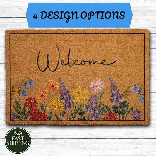 Custom Wildflowers Pattern Welcome Mat, Colorful Spring Season Coir Doormat