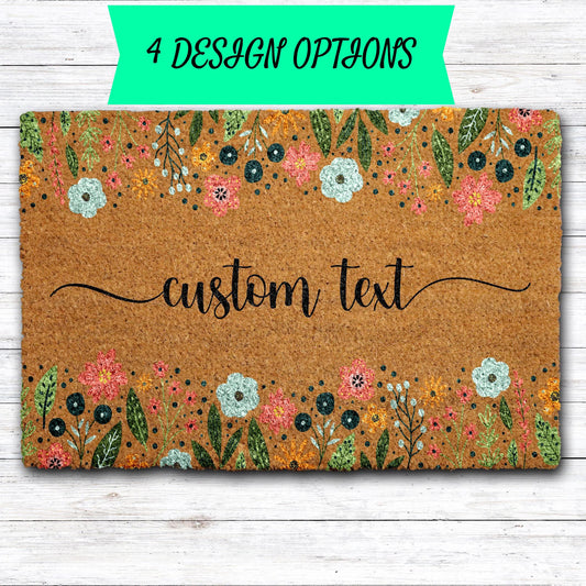 Custom Text Wildflowers Welcome Mat, Personalized Colorful Floral Doormat