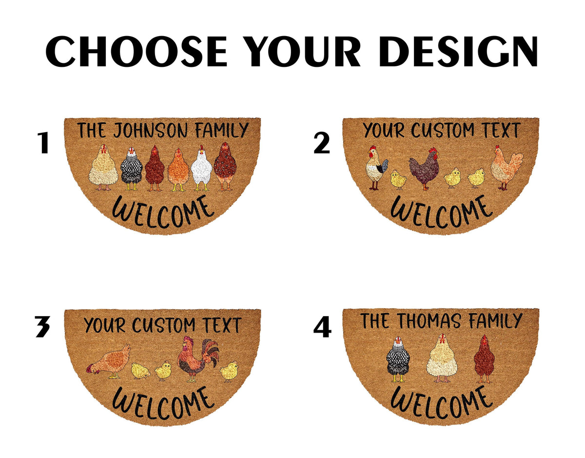 Custom Text Chicken Doormat, Personalized Farmhouse Welcome Mat, Rustic Farm Animal Decor