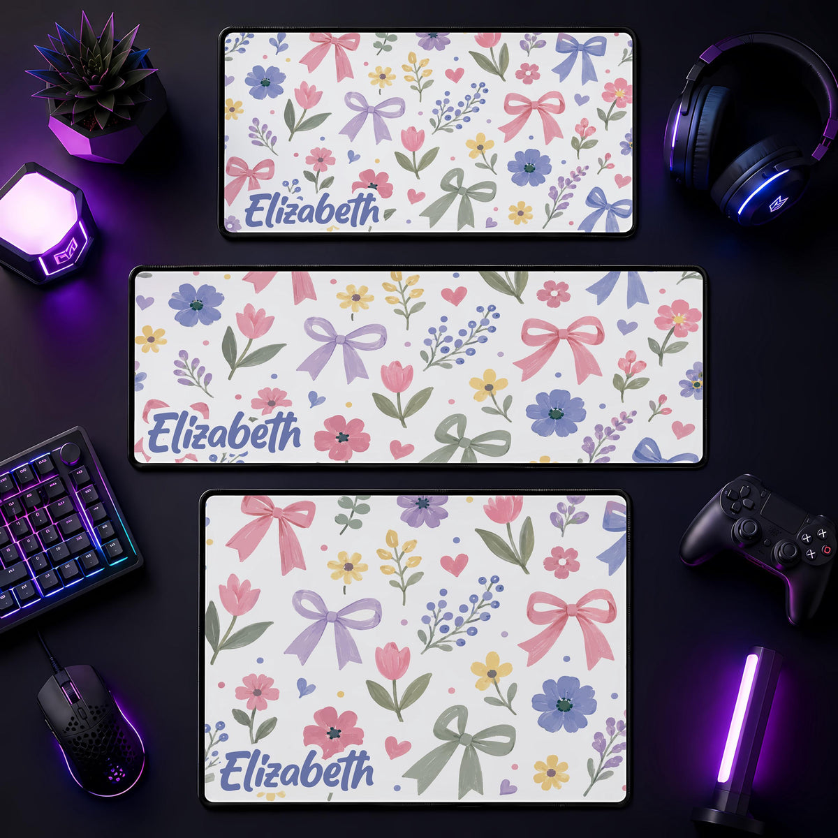 Personalized Floral Desk Mat, Coquette Kawaii Workspace Accessories, Girly Office Mousepad