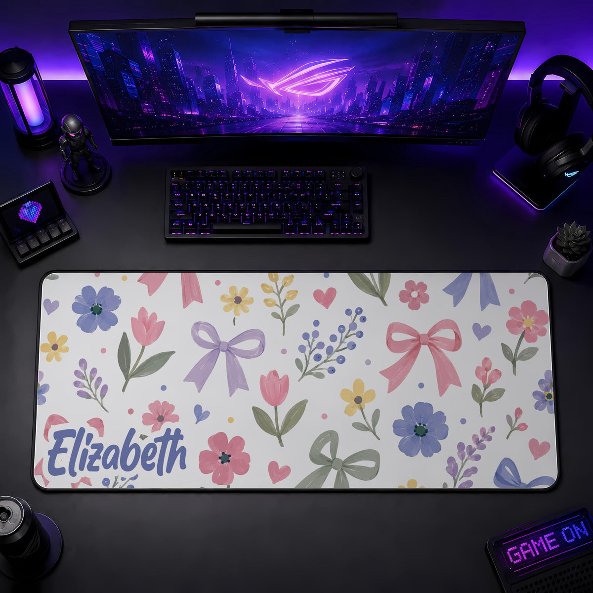 Personalized Floral Desk Mat, Coquette Kawaii Workspace Accessories, Girly Office Mousepad