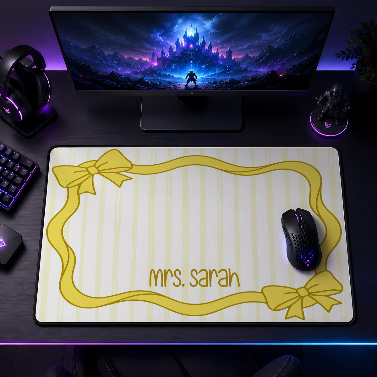 Personalized Preppy Bow Desk Mat, Kawaii Teacher Name Mouse Pad, Striped Setup Accessories