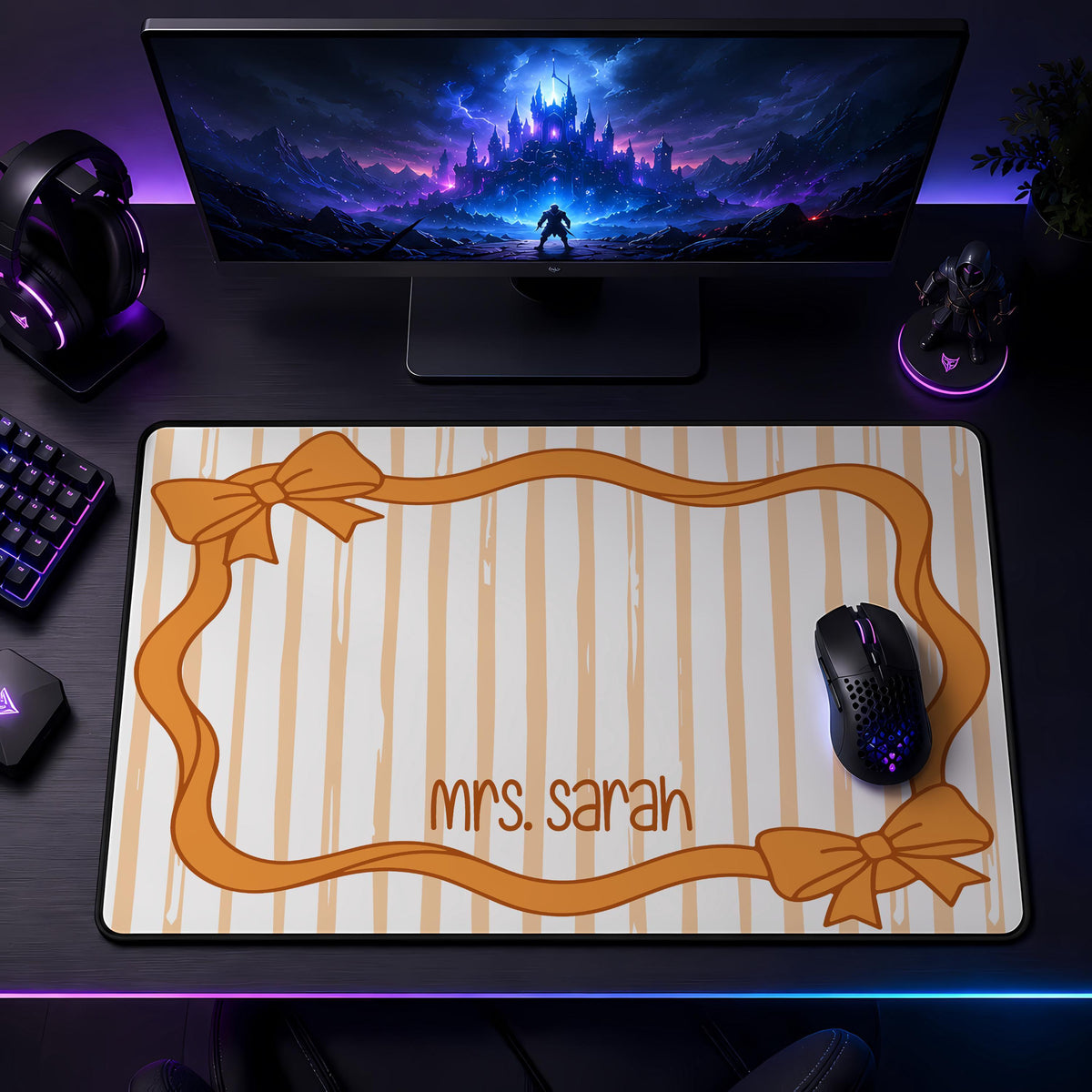 Personalized Preppy Bow Desk Mat, Kawaii Teacher Name Mouse Pad, Striped Setup Accessories