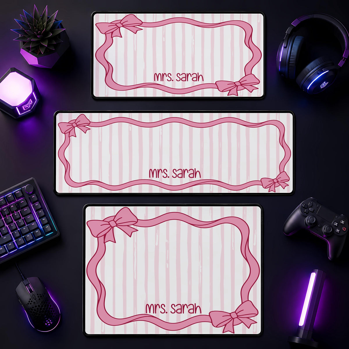 Personalized Preppy Bow Desk Mat, Kawaii Teacher Name Mouse Pad, Striped Setup Accessories