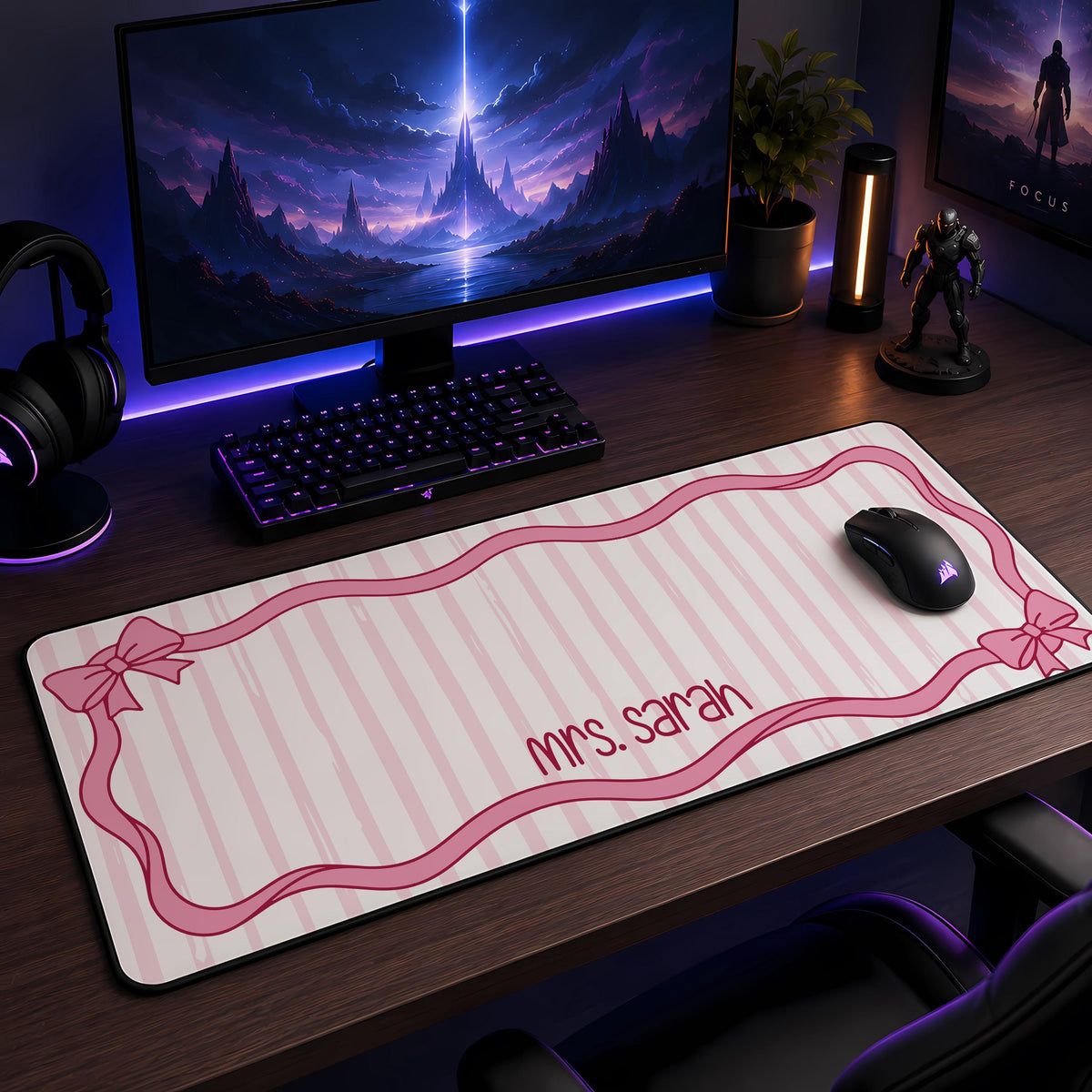 Personalized Preppy Bow Desk Mat, Kawaii Teacher Name Mouse Pad, Striped Setup Accessories