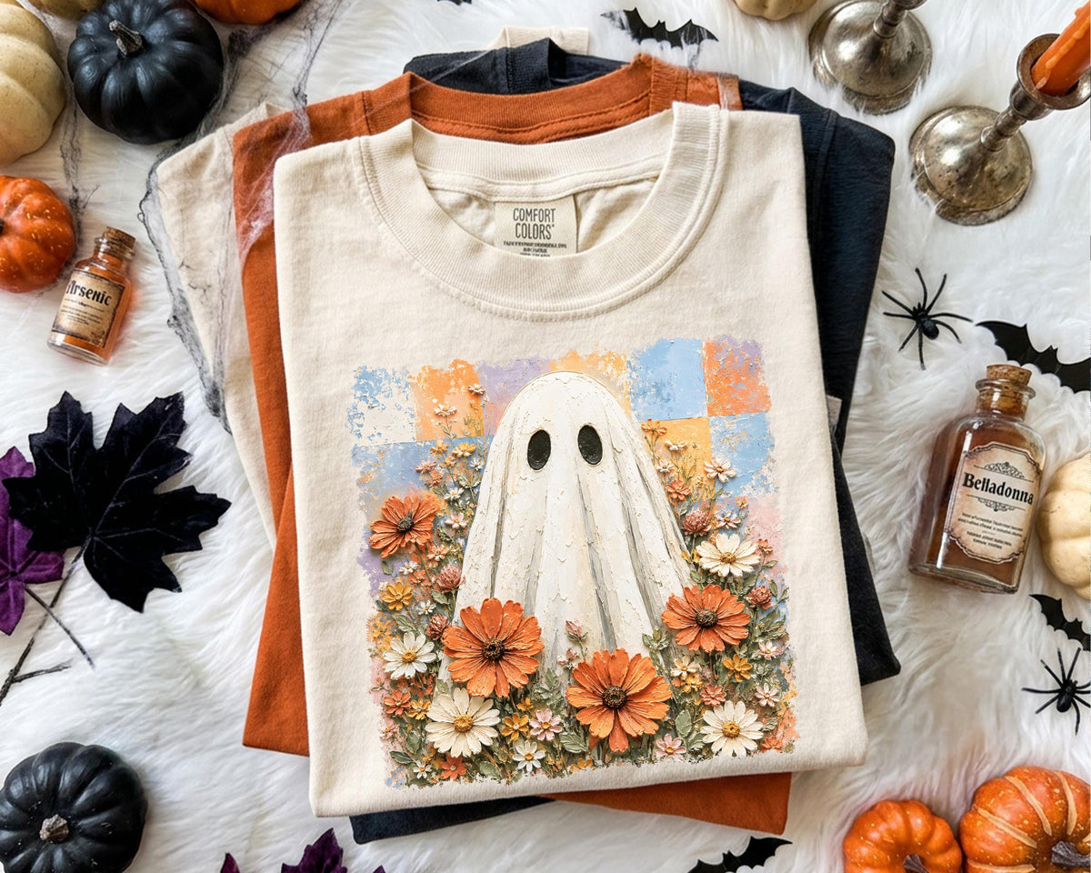 Floral Ghost Comfort Colors® Shirt, Checkered Halloween T-Shirt, Spooky Season Women Tee