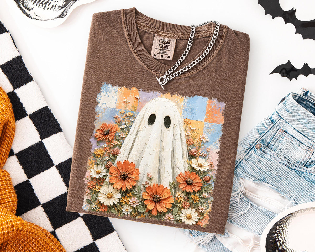 Floral Ghost Comfort Colors® Shirt, Checkered Halloween T-Shirt, Spooky Season Women Tee