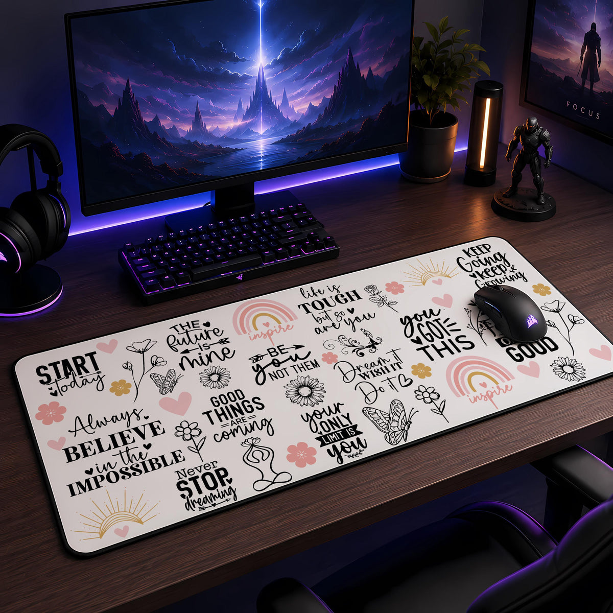 Inspirational Desk Mat, Motivational Floral Mouse Pad, Positive Affirmation Workspace Decor