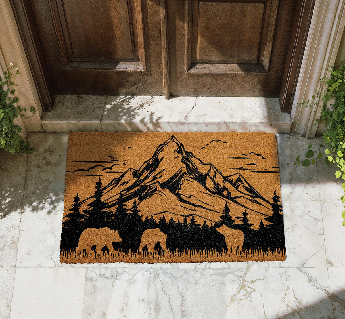 Mountain Landscape Doormat, Bears & Trees Camping Welcome Mat, Rustic Wilderness Home Decor