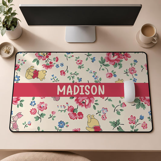 Personalized Floral Desk Mat, Cute Bear Coquette Workspace Decor, Colorful Flowers Mouse Pad