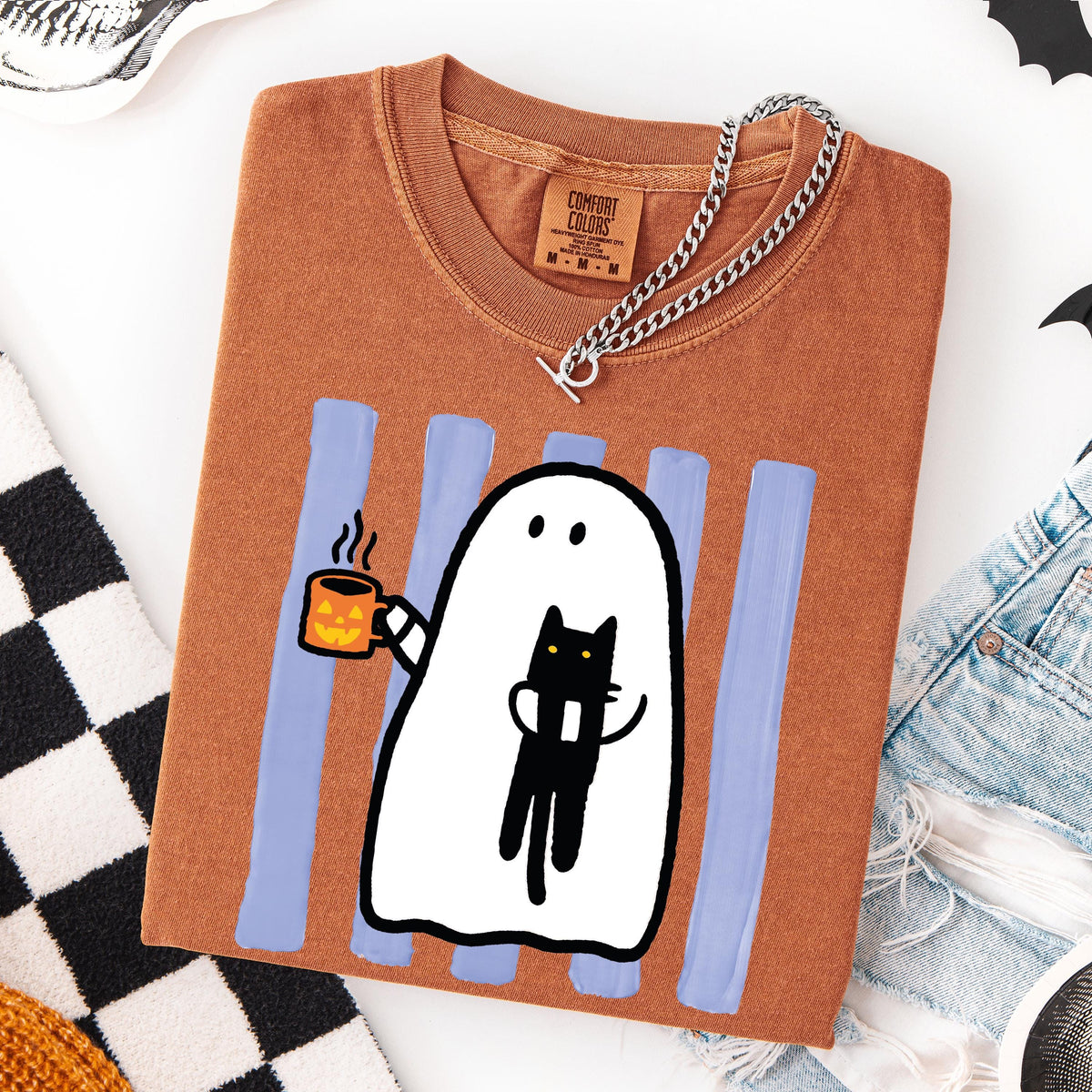 Ghost & Cat Comfort Colors® Shirt, Striped Spooky Season Shirt, Coffee Lover Halloween Gift