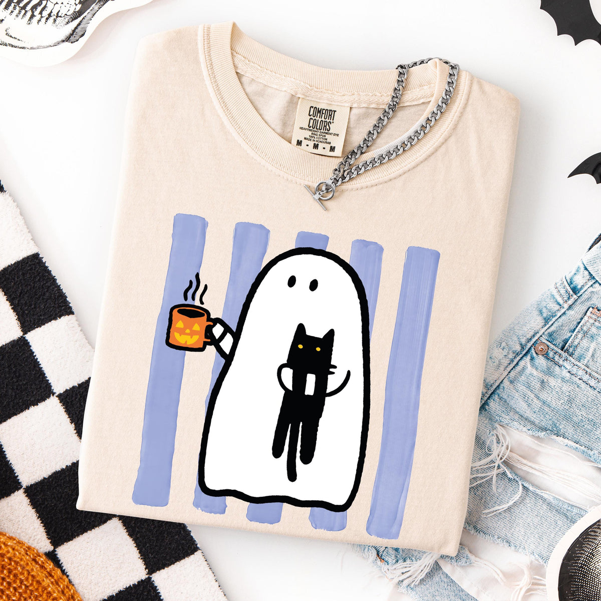 Ghost & Cat Comfort Colors® Shirt, Striped Spooky Season Shirt, Coffee Lover Halloween Gift