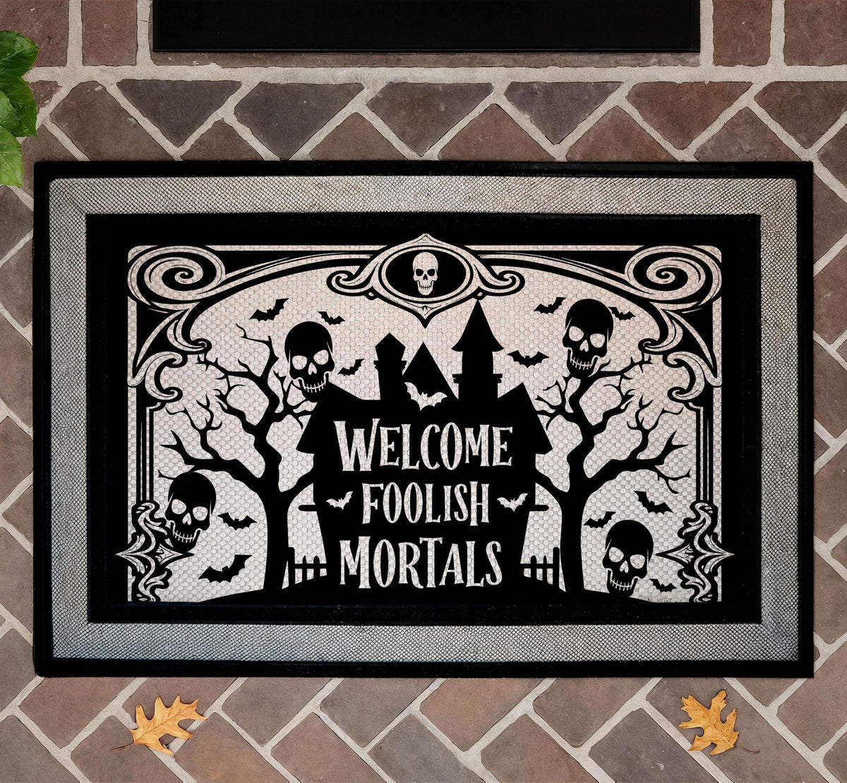 Welcome Foolish Mortals Haunted House Doormat, Spooky Skulls Halloween Door Mat